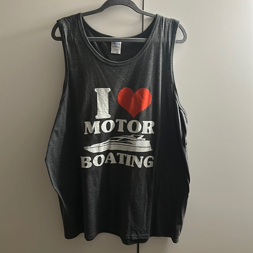 Men’s tank. “I love motor boating”